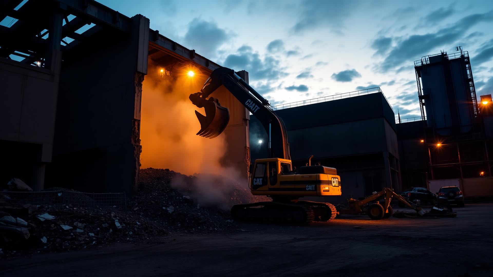 Industrial demolition site at dusk in Auckland